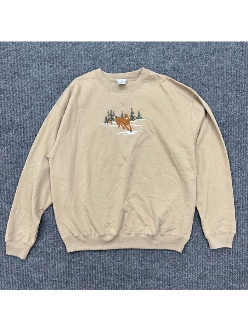 MC Sport Christmas Tree Snow Nature Embroidered Deer Pullover Sweatshirt Mens XL